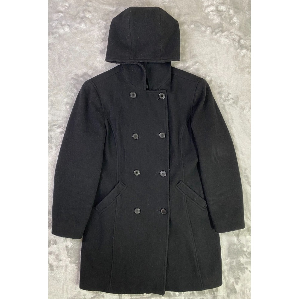 Anne Klein Wool Double Breasted Hooded Pea Coat Parka Jacket Women 2P Black Warm